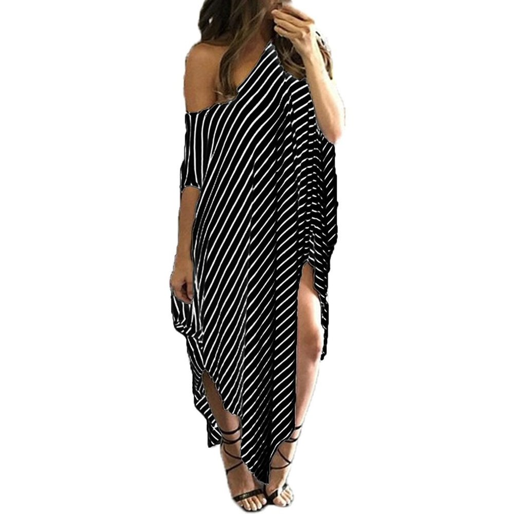 Asymmetrical Off Shoulder Striped Maxi